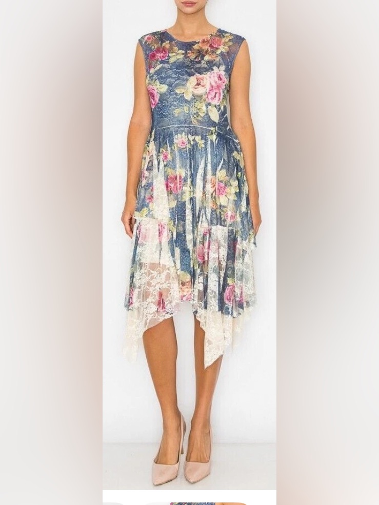 Origami Dress Floral Rose Pattern And A Layered Lace Hi-Low Hem L